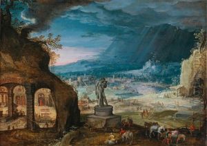 An Extensive Landscape With A Statue Of Saturn by Hendrick van Cleve III