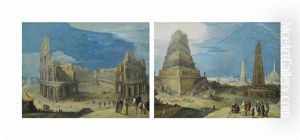 Figures Before The Colosseum In Rome; And Nimrod Supervising The Construction Of The Tower Of Babel (pair) by Hendrick van Cleve III