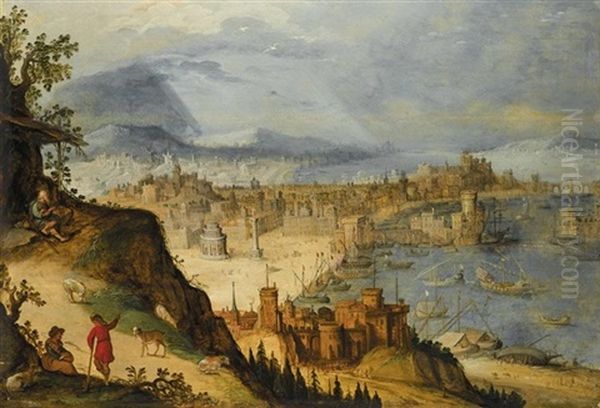 A Panoramic View Of An Imaginary City, With Travellers Resting In The Foreground - view 1
