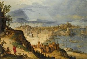 A Panoramic View Of An Imaginary City, With Travellers Resting In The Foreground