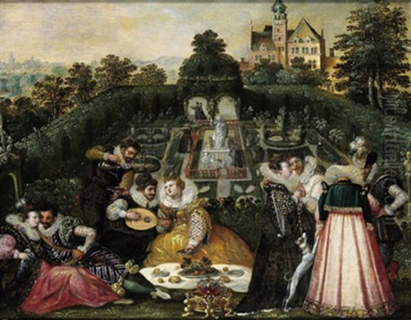 Elegante Gesellschaft Bei Musik Und Erfrischungen In Einem Renaissancegarten, Im Hintergrund Ein Schloss - view 1