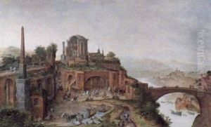 Soldaten In Antiken Ruinen An Einem Flus Beim Uberqueren Einer Steinernen Bogenbrucke Soldaten In Antiken Ruinen An Einem Flus Beim Uberqueren Einer Steinernen Bogenbrucke