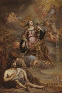 St. Barbara Comforting A Dying Man With The Last Sacrament by Jan Van Cleve III