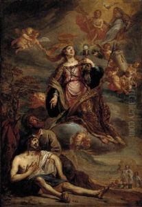 Saint Barbara Comforting A Dying Man With The Last Sacrament by Jan Van Cleve III