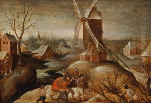 A Winter Landscape With Peasants by Marten van Cleve the Elder