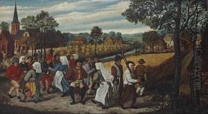 A Procession Of Figures Dancing Behind A Bagpipe Player, Before A Field With Sheaves Of Corn, A Village Beyond
