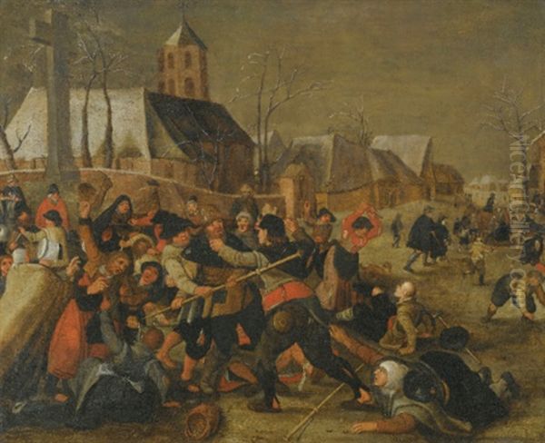 A Winter Landscape With A Peasant Brawl Near A Church by Marten van Cleve the Elder
