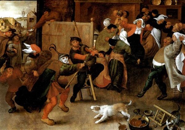 Peasants Singing, Dancing And Drinking In An Interior by Marten van Cleve the Elder