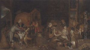 Peasants Eating And Drinking In A Kitchen Interior by Marten van Cleve the Elder