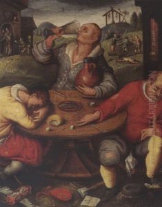Peasants Drinking Outside An Inn, With A Skirmish In The Background by Marten van Cleve the Elder