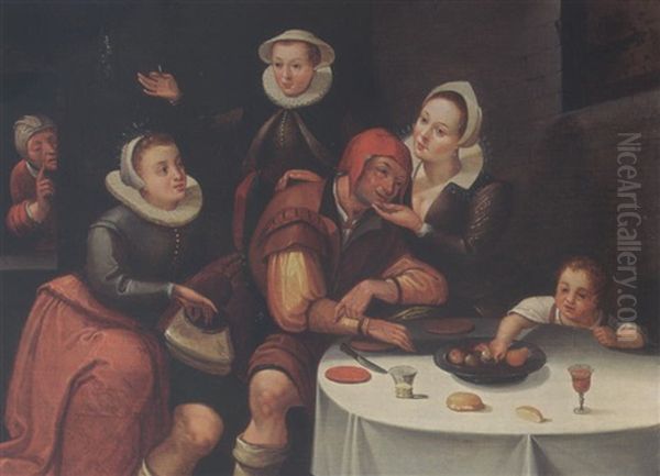 A Peasant Sitting At A Table Being Courted And Robbed By Three Young Ladies, An Old Spinster In The Background And A Boy Picking Fruit From The Table - view 1