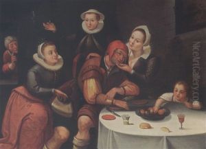 A Peasant Sitting At A Table Being Courted And Robbed By Three Young Ladies, An Old Spinster In The Background And A Boy Picking Fruit From The Table by Marten van Cleve the Elder
