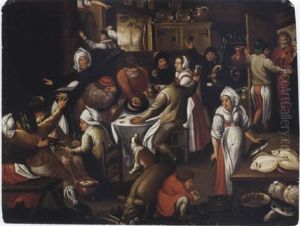 Peasants Feasting And Making Music In An Inn by Marten van Cleve the Elder