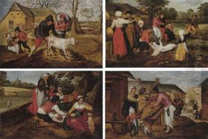 Peasants With Cattle And Sheep Before A Farmhouse by Marten van Cleve the Elder