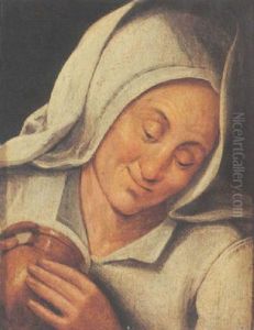 Peasant Woman Holding A Jug by Marten van Cleve the Elder