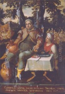 An Allegory Of Gluttony: A Boor Seated By A Table In A Landscape Holding A Jug With A Servant Nearby, Villagers Merry-making Beyond