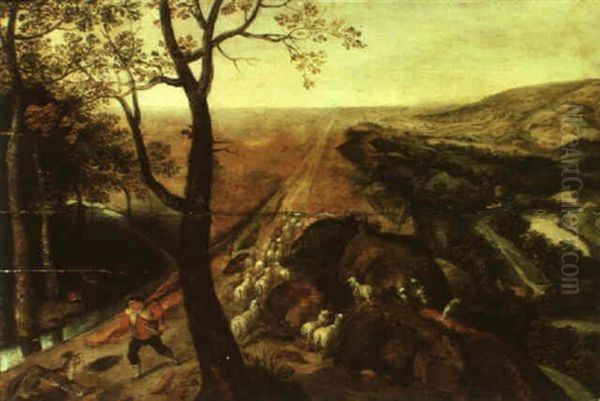 Herdsman With His Dog And A Flock Of Sheep On A Path - view 1