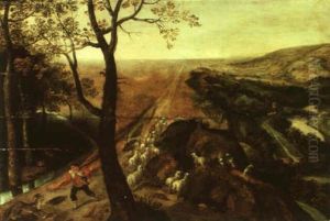 Herdsman With His Dog And A Flock Of Sheep On A Path by Marten van Cleve the Younger