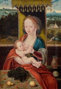 Madonna And Child Under A Canopy Before A Landscape (maria Lactans) by Joos Van Cleve