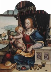 Madonna And Child With A Rosary, Seated Before A Landscape With The Flight To Egypt, A Ledge With A Roll Of Bread, A Tin Plate With Strawberries, Various Nuts And A Glass In The Foreground