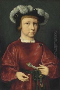 Portrait Of A Young Nobleman, Small Half-length, In A Crimson Doublet, Wearing A Plumed Beret, Holding A Daisy