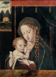 La Vierge A L'enfant Devant Un Rideau