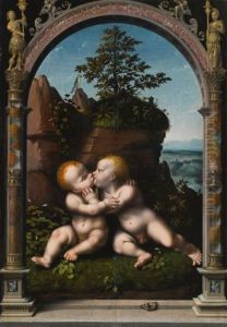 The Infant Christ And Saint John The Baptist As Children Embracing In A Landscape, Surrounded By A Classical Archway by Joos Van Cleve