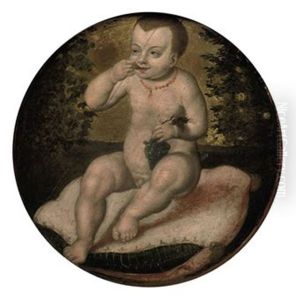 The Infant Christ, Seated On A Red Velvet Cushion, Eating Grapes