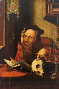 Der Hl. Hieronymus Im Gehause Zeigt Mit Der Linken Hand Auf Memento Mori by Joos Van Cleve
