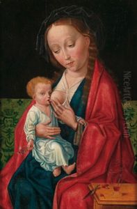 Madonna Dem Kind Die Brust Reichend, Neben Ihr Ein Tisch Mit Kirschen, Einem Weinglas Und Einem Messer