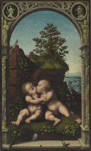 The Infant Christ And Saint John The Baptist As Children Embracing In A Landscape by Joos Van Cleve