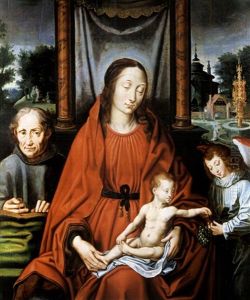 Die Heilige Familie Mit Einem Engel, Der Dem Jesuskind Eine Weintraube Reicht, Links Der Stifter by Joos Van Cleve