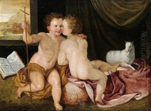 Der Jesusknabe Und Der Johannesknabe Mit Dem Lamm In Einem Interieur Mit Ausblick Auf Eine Landschaft by Joos Van Cleve