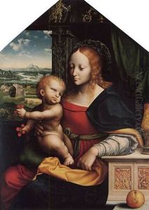 The Madonna Of The Cherries': The Madonna And Child Seated At A Window, The Christ Child Holding Bunches Of Cherries, With A Landscape Beyond by Joos Van Cleve