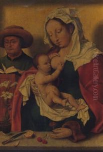 The Holy Family With Saint Joseph Reading And The Virgin Suckling The Christ Child by Joos Van Cleve