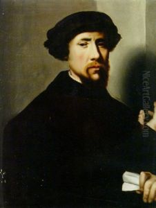 Portrait Of A Bearded Gentleman Wearing A Black Hat And Holding A Letter by Joos Van Cleve
