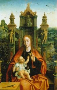 The Virgin And Child In An Ornate Throne Decorated With Sculptures Of Adam And Eve And God The Father
