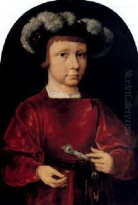 Portrait Of A Young Prince, Half Length, Weraring A Red Doublet And Featherd Cap And Holding A Flower