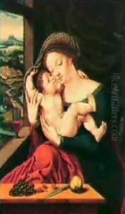 The Virgin And Child Before A Still Life Of Fruit On A      Table, A Distant Landscape Through The Window Beyond by Joos Van Cleve