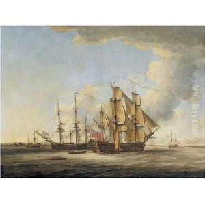 Two British Men-o-war Among Other Ships In An Estuary by John Cleveley the Younger