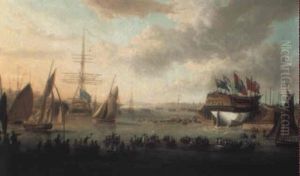 Launching Of A Ship At Chatham Docks by John Cleveley the Younger