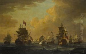 Shipping Off A Coast, With One Flying The Royal Standard, Another With A Vice Admiral Of The Red, Another With A Rear Admiral Of The Blue by John the Elder Cleveley