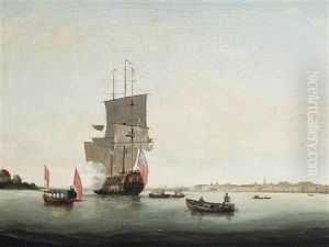 A British Man-o'war Saluting Her Departure From Her Anchorage On The Thames At Greenwich by John the Elder Cleveley