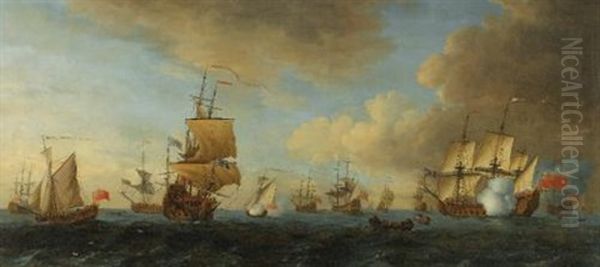 An English Frigate Under Sail Firing A Gun, With Shipping At Anchor And Under Sail - view 1