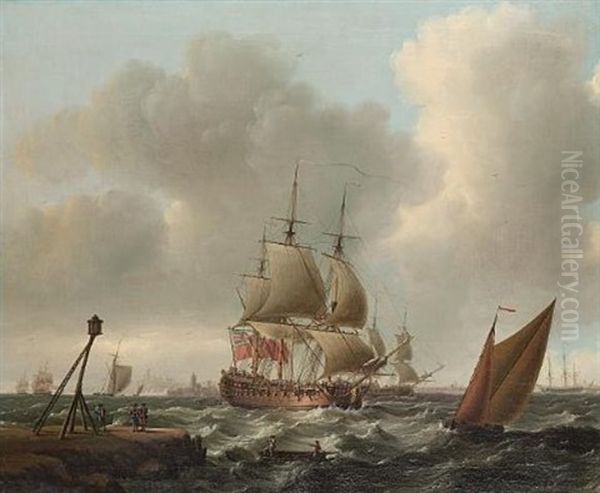 A Flagship Arriving In Port With Other Men-o' War Offshore - view 1