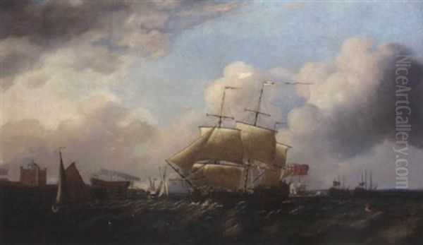 A British Man-o'war Passing Sheerness, With A Large Warship On The Stocks In The Dockyard And Two Vessels Laid Up Offshore - view 1