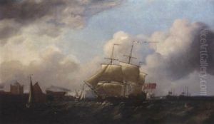 A British Man-o'war Passing Sheerness, With A Large Warship On The Stocks In The Dockyard And Two Vessels Laid Up Offshore by John the Elder Cleveley
