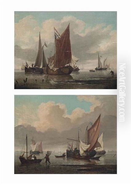 Dutch Smalschips And Hookers In A Calm On The Scheldt; Dutch Smalschips Returning To Their Anchorage On The Scheldt (pair) - view 1