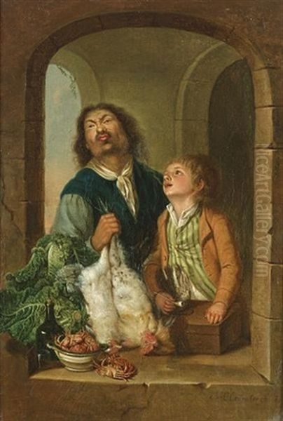 A Man Holding Dead Cockerels With A Young Boy Standing At A Casement With Cabbages And A Dish Of Crabs - view 1