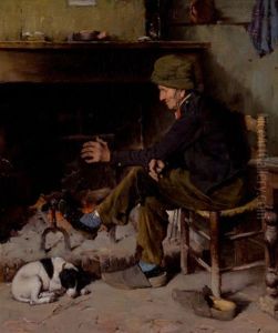 Man With His Dog Before A Hearth by Benjamin West Clinedinst